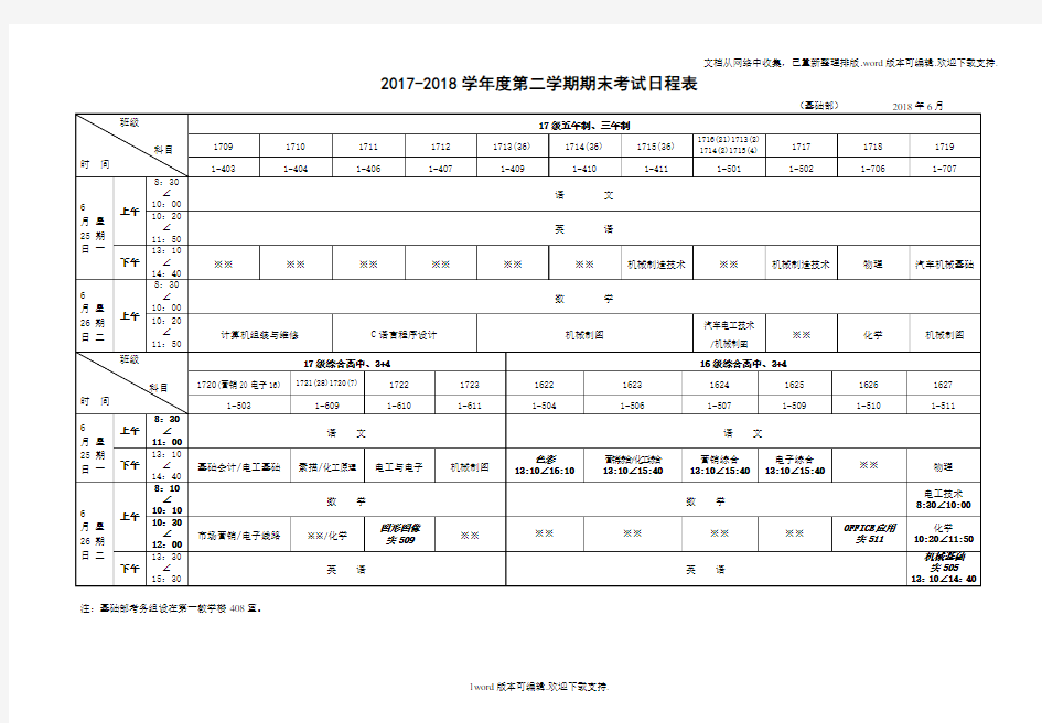 2020学年度第二学期期末考试日程表