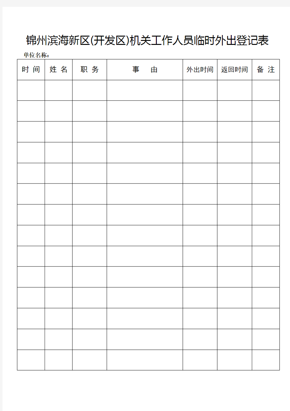 (完整版)机关工作人员临时外出办事登记表