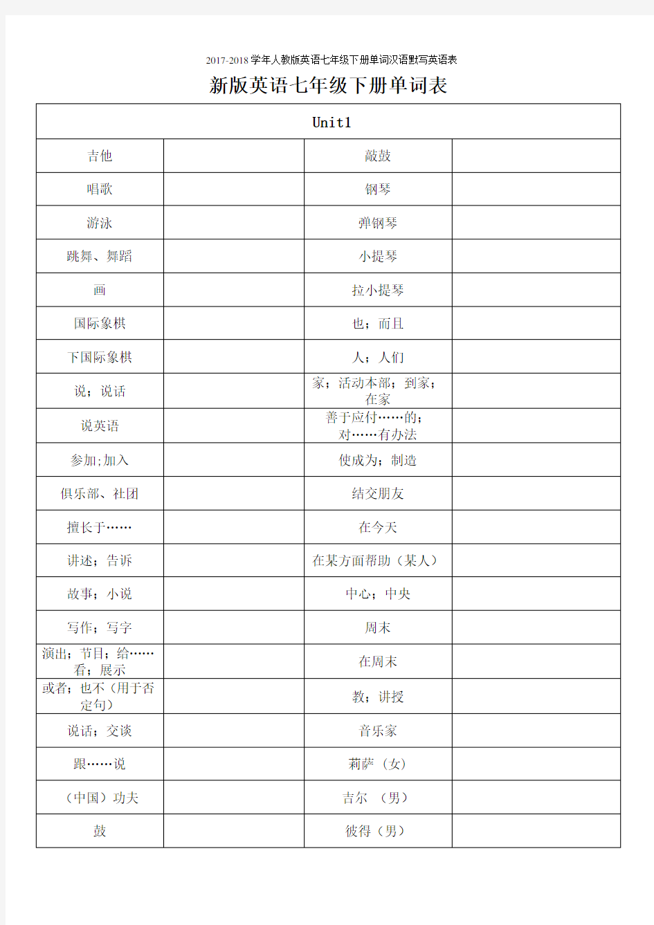 2017-2018学年人教版英语七年级下册单词汉语默写英语表