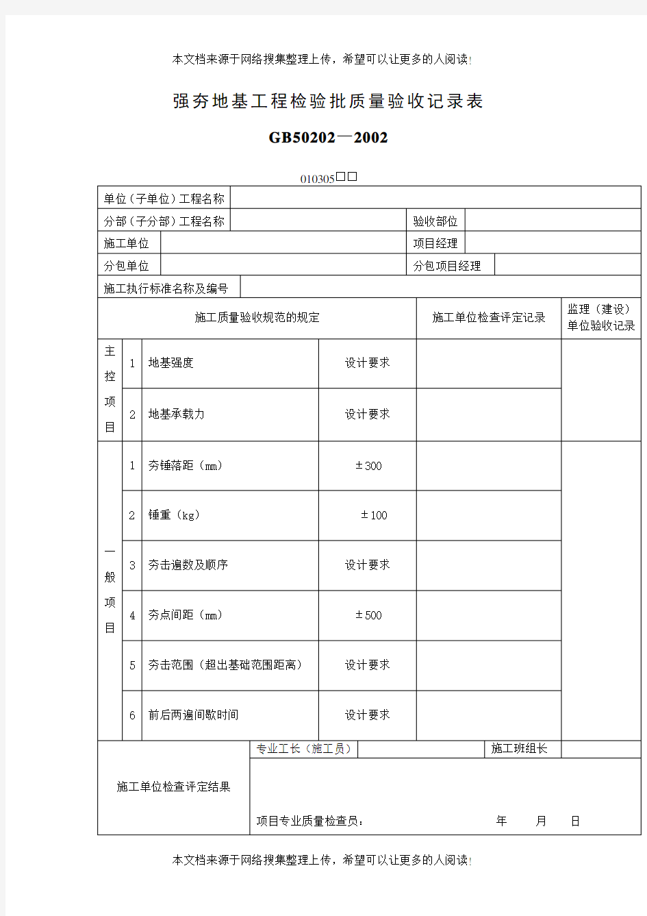 强夯地基工程检验批质量验收记录表(表格模板、DOC格式)