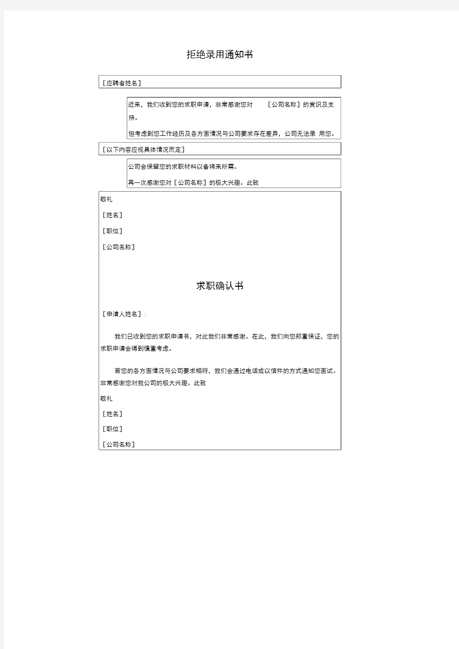 拒绝录用通知书格式