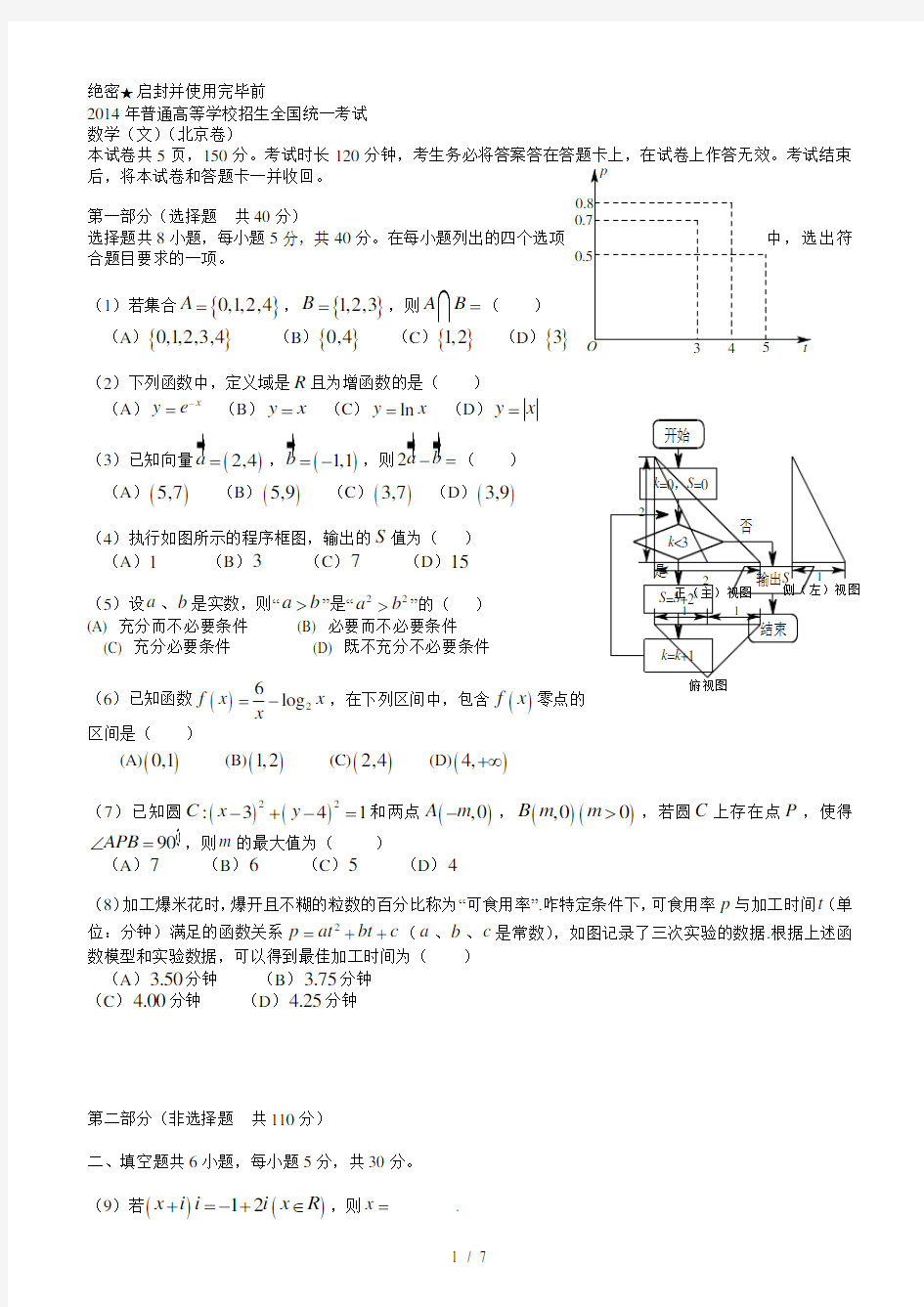 2014年北京高考数学文科试题及答案