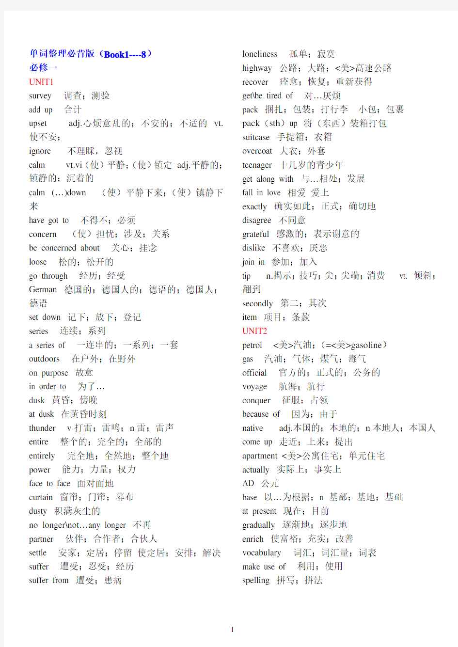 (完整版)人教版高中英语全部单词(必修1至选修8带目录)