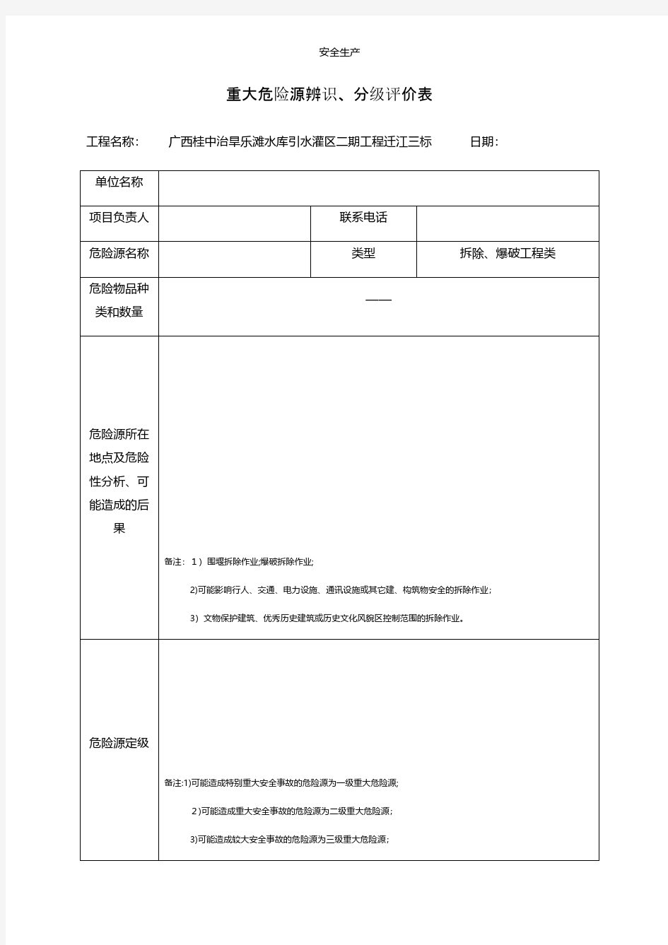 拆除爆破工程重大危险源辨识、分级评价表安全生产规范化应急预案安全制度安全管理台账企业管理