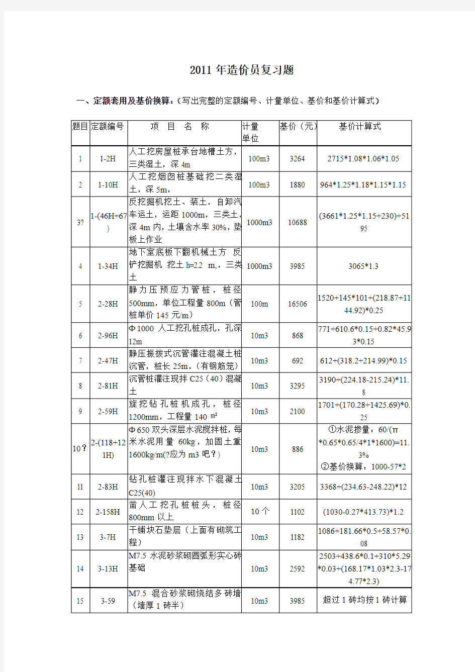 2011年造价员考试习题(定额套用及基价换算和计算题)