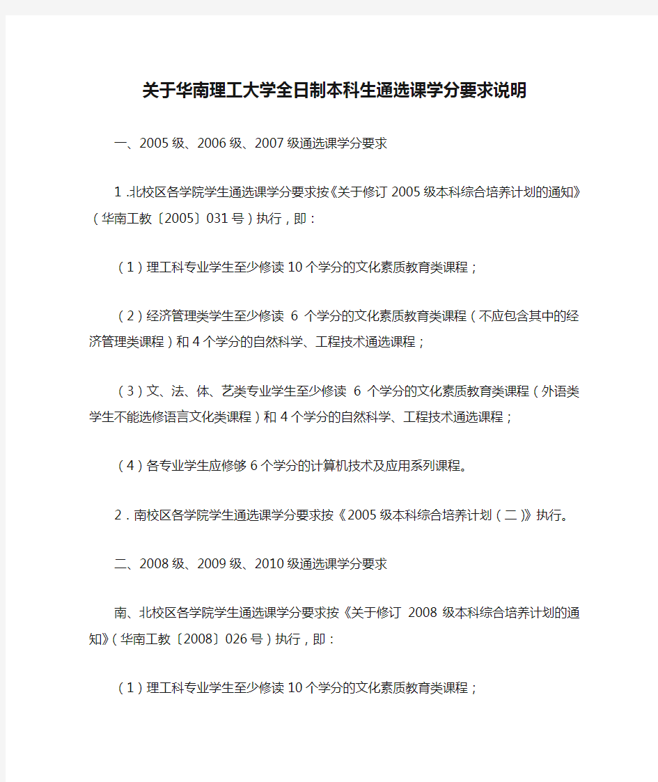 关于华南理工大学全日制本科生通选课学分要求说明