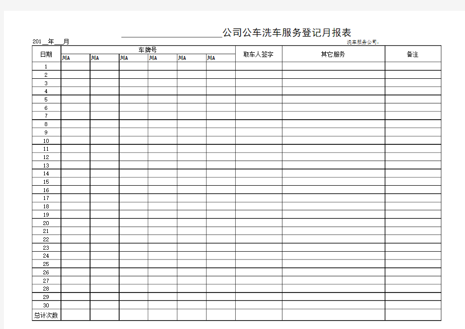 xx公司公车洗车登记月报表