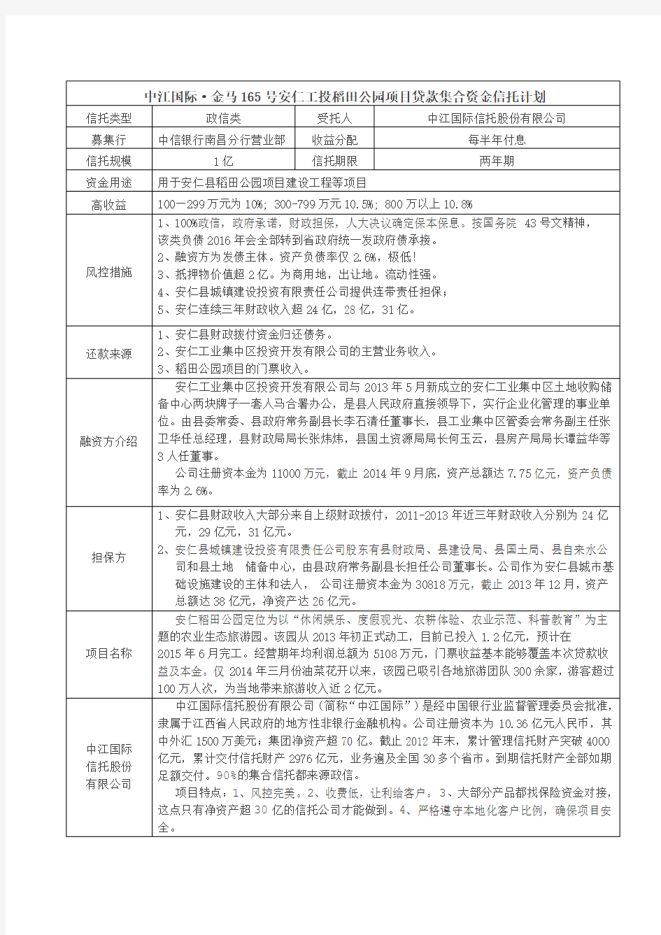 【简版】中江国际·金马165号安仁工投稻田公园项目贷款集合资金信托计划