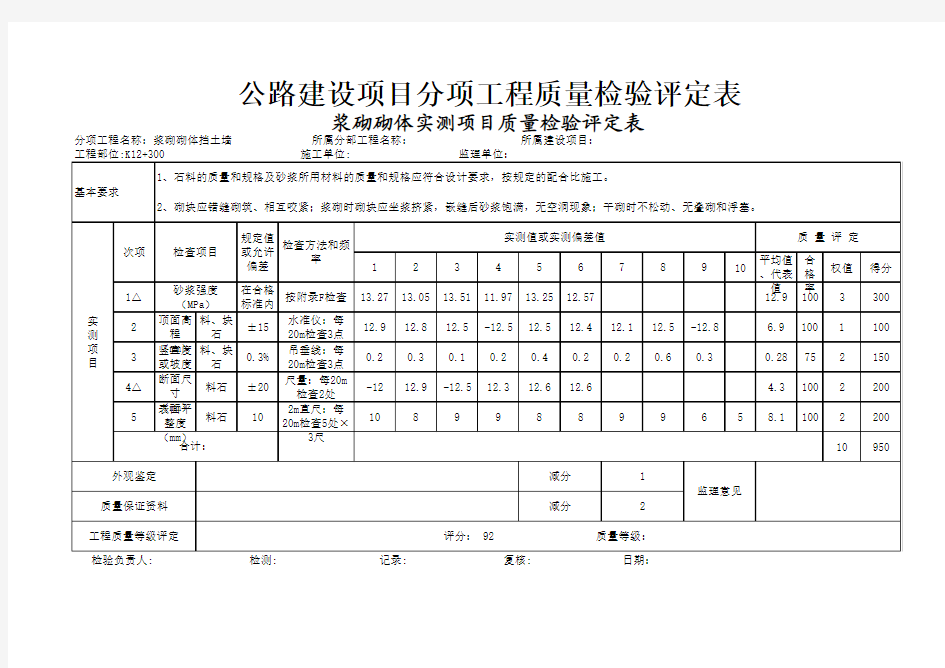 浆砌砌体实测项目(评定表)