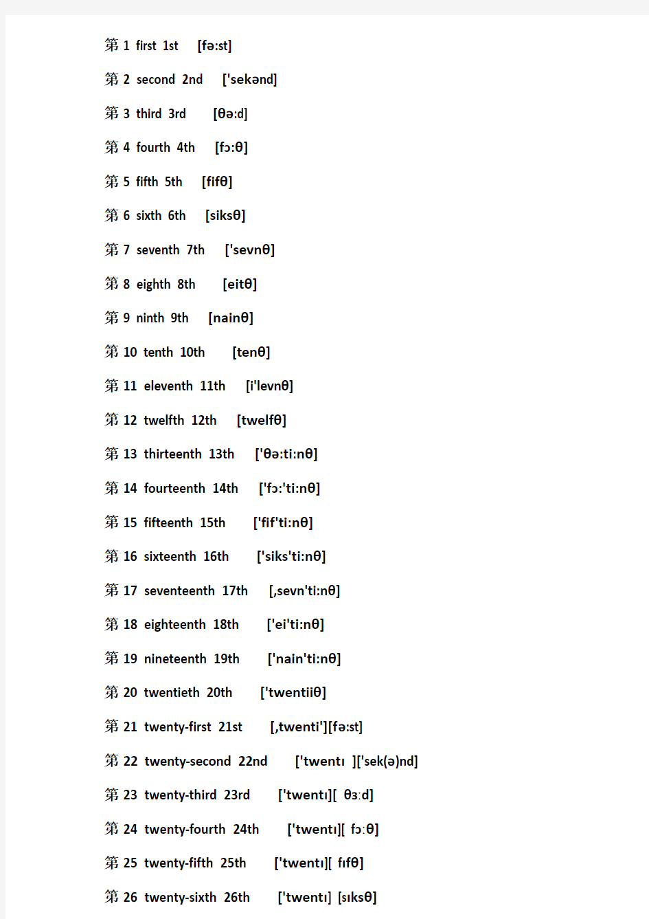 1到100序数词 和音标