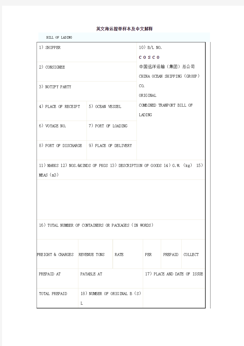 海运提单及中文解释