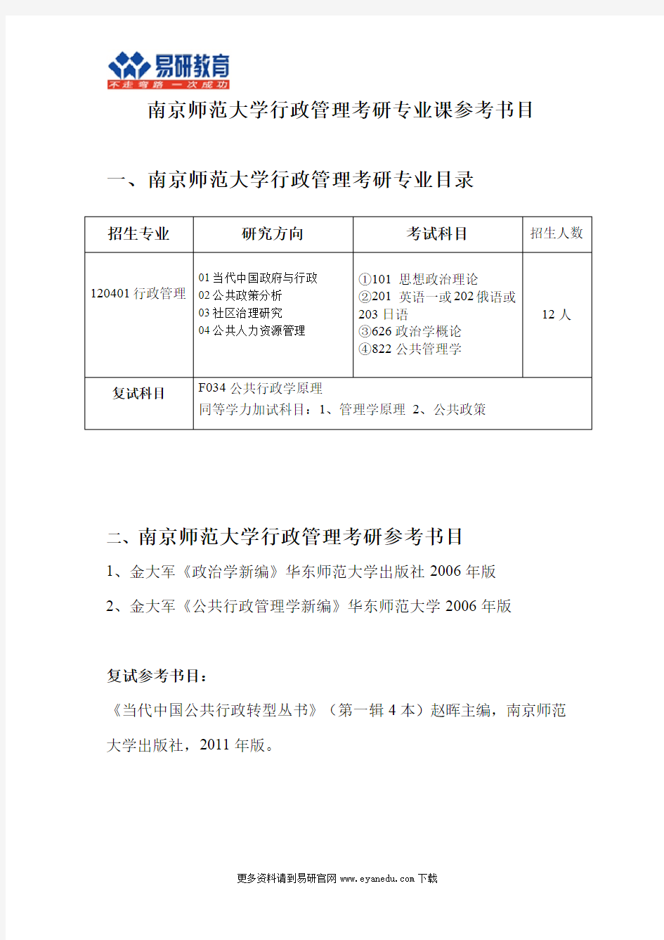 2016南京师范大学行政管理考研专业课参考书目