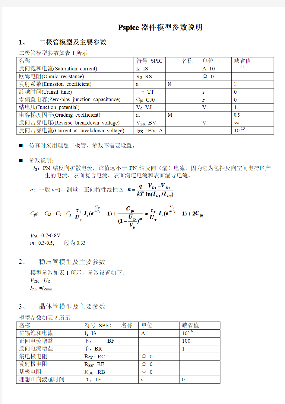 Pspice器件模型参数说明