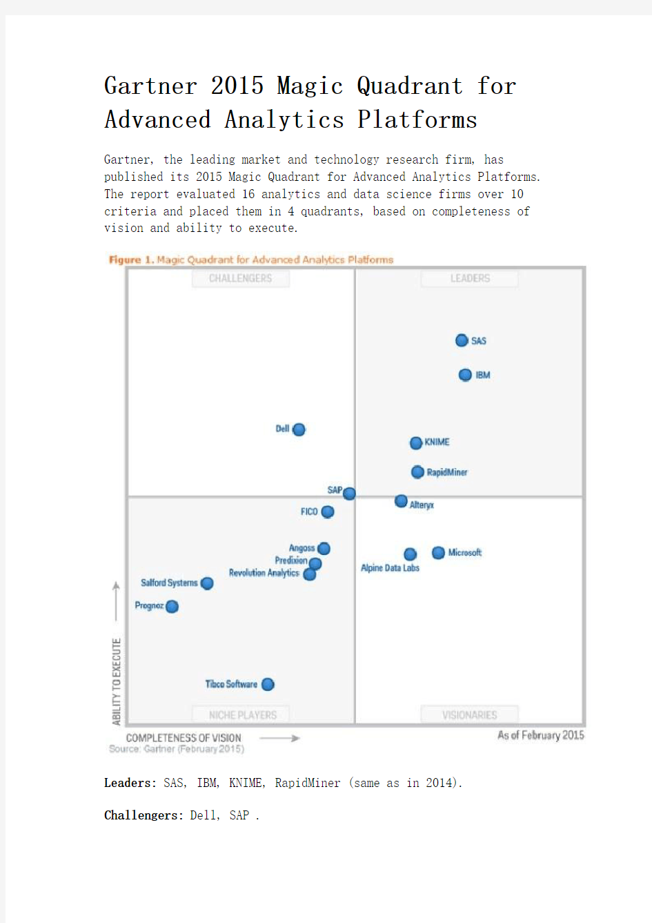 Gartner 2015 Magic Quadrant for Advanced Analytics Platforms