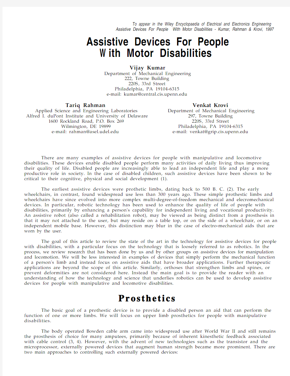 Assistive devices for people with motor disabilities. Wiley Encyclopedia for Electrical and