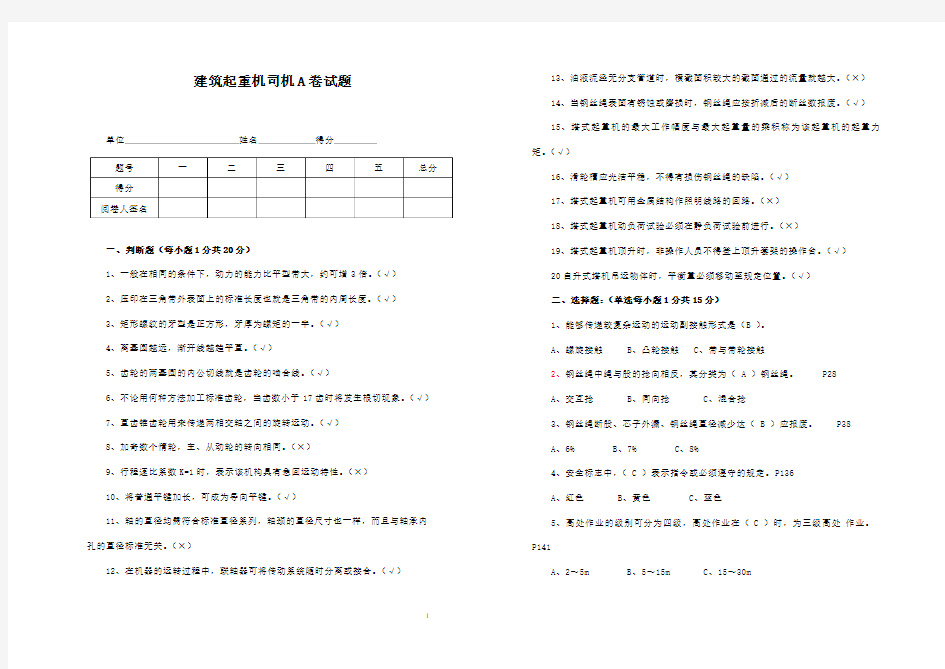 1建筑起重机械司机考试试题A卷