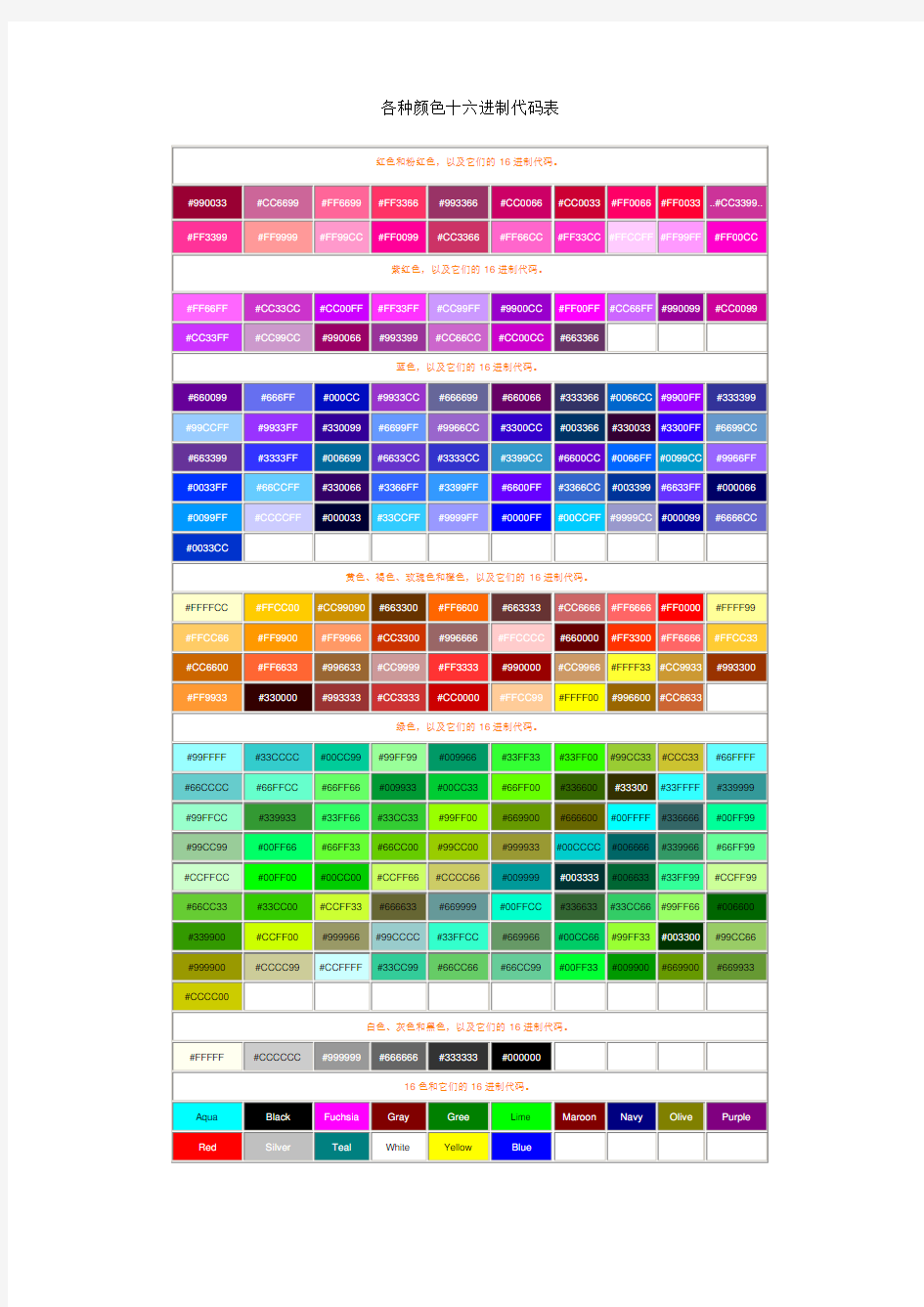 各种颜色十六进制代码表