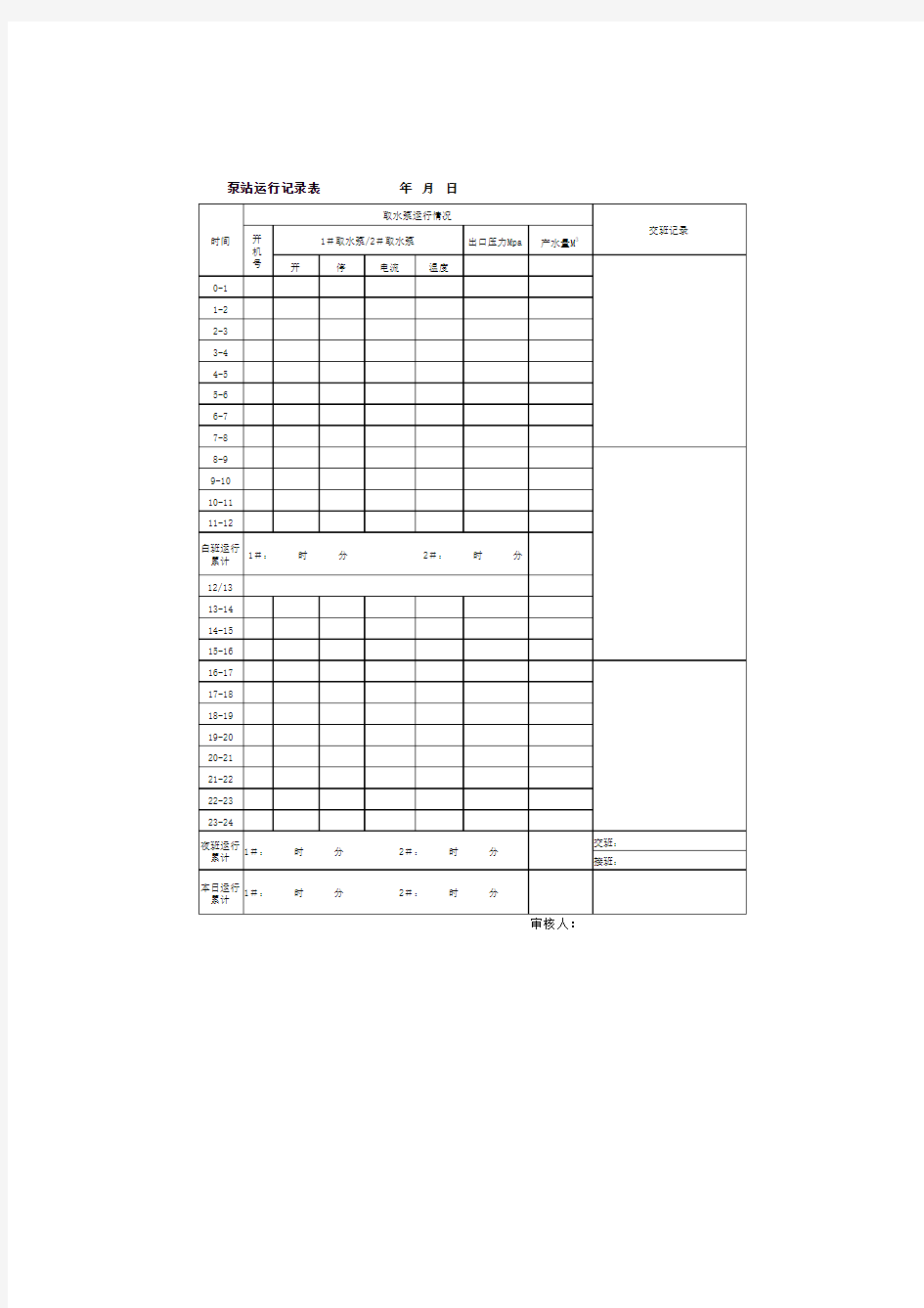 水泵运行记录表