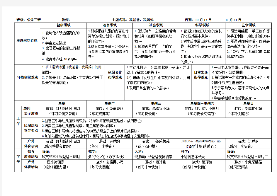 幼儿园单元主题活动周计划表