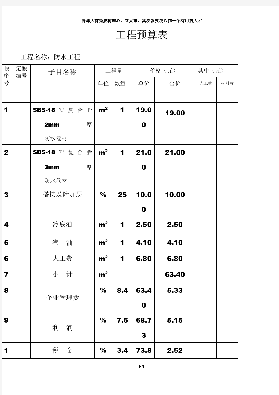 防水工程预算表