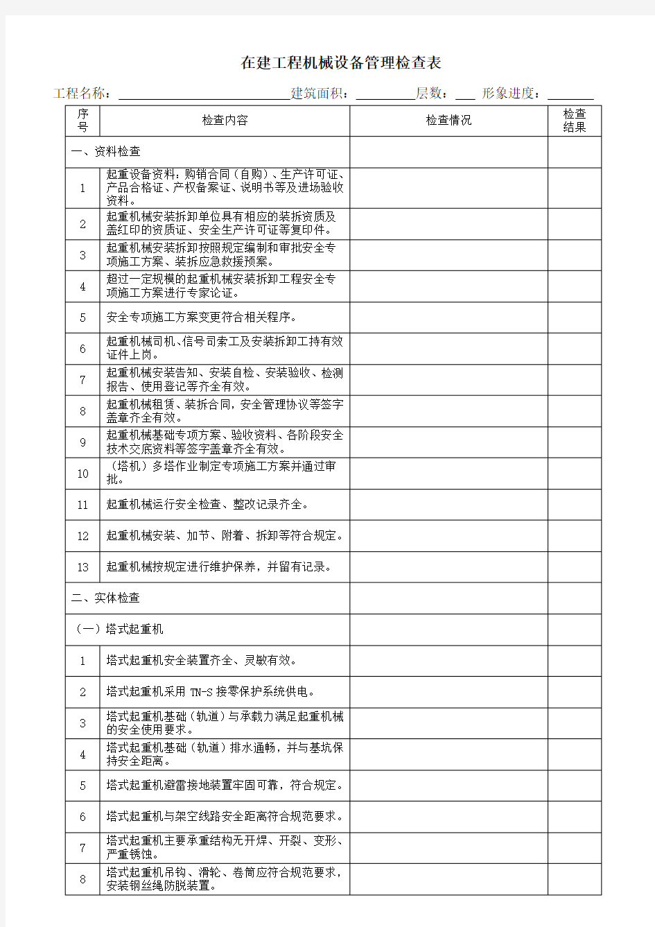 在建工程机械设备管理检查表