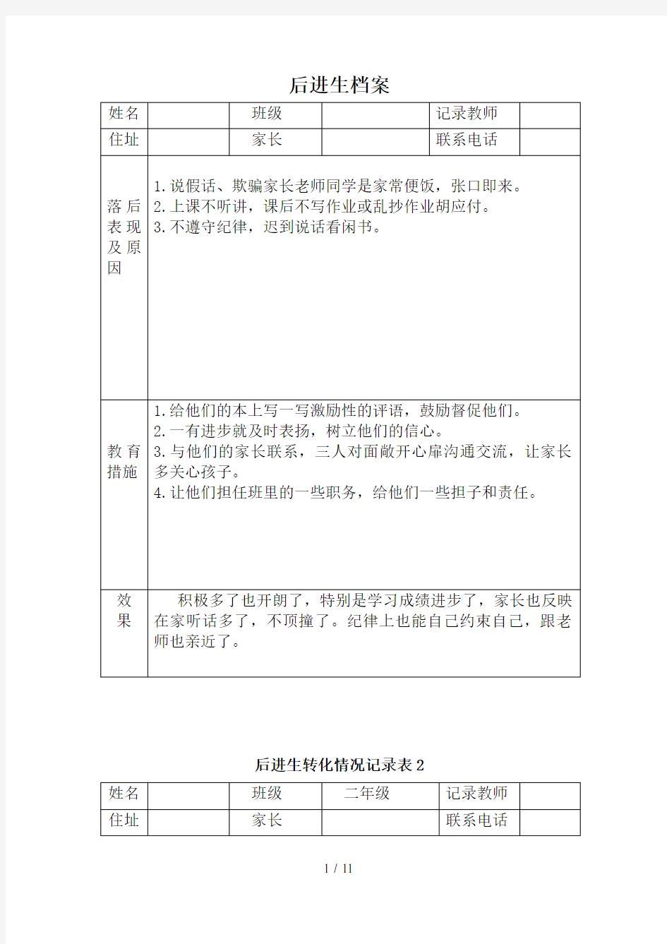 后进生转化情况记录表