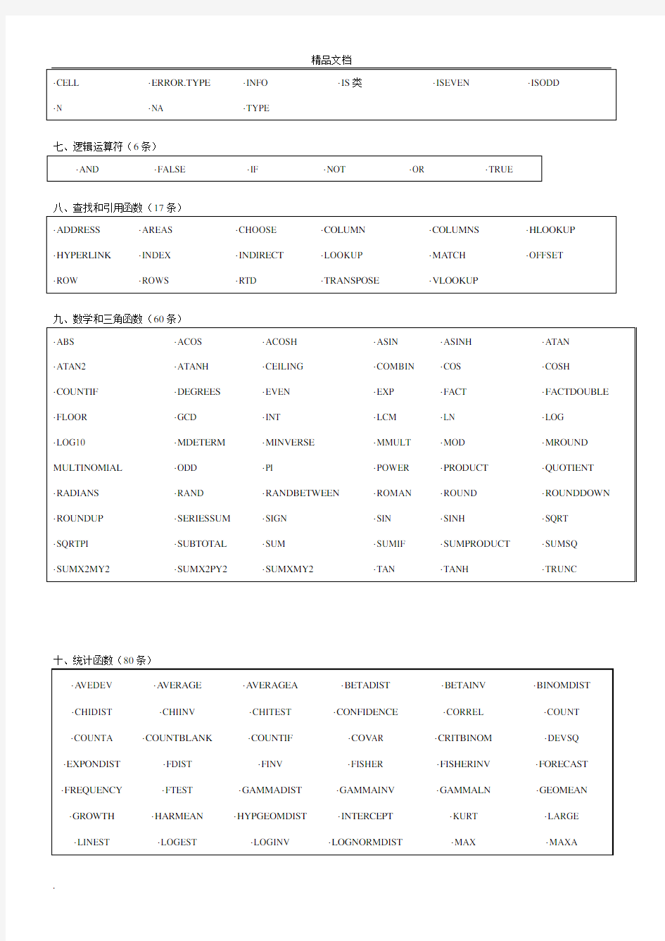 EXCEL函数表(最全的函数大全)