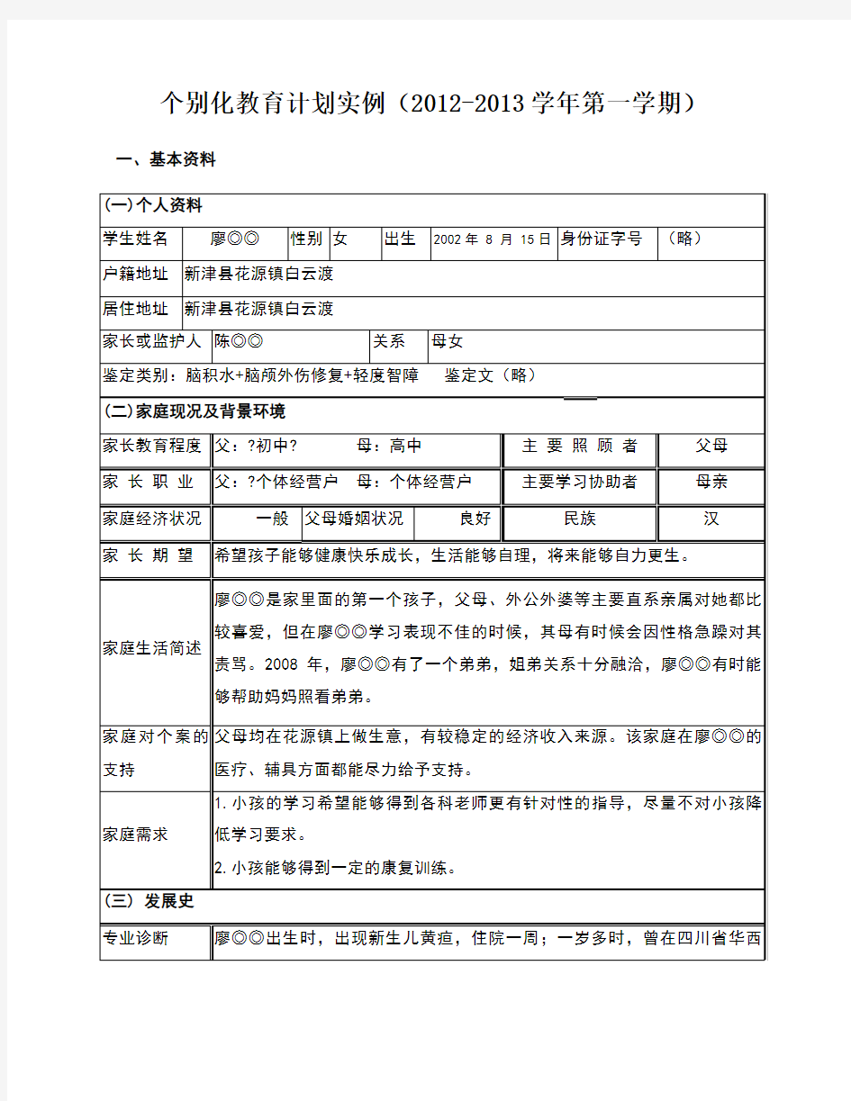 个别化教育计划实例