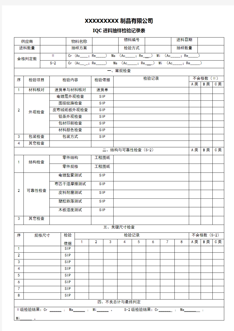 IQC进料抽样检验记录表