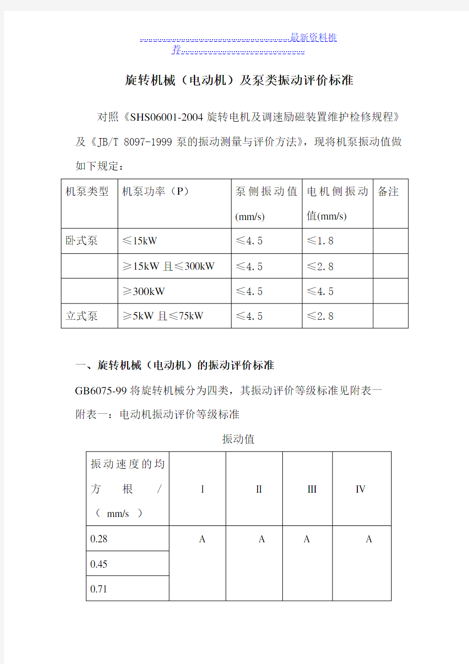 旋转机械及泵类振动等级标准