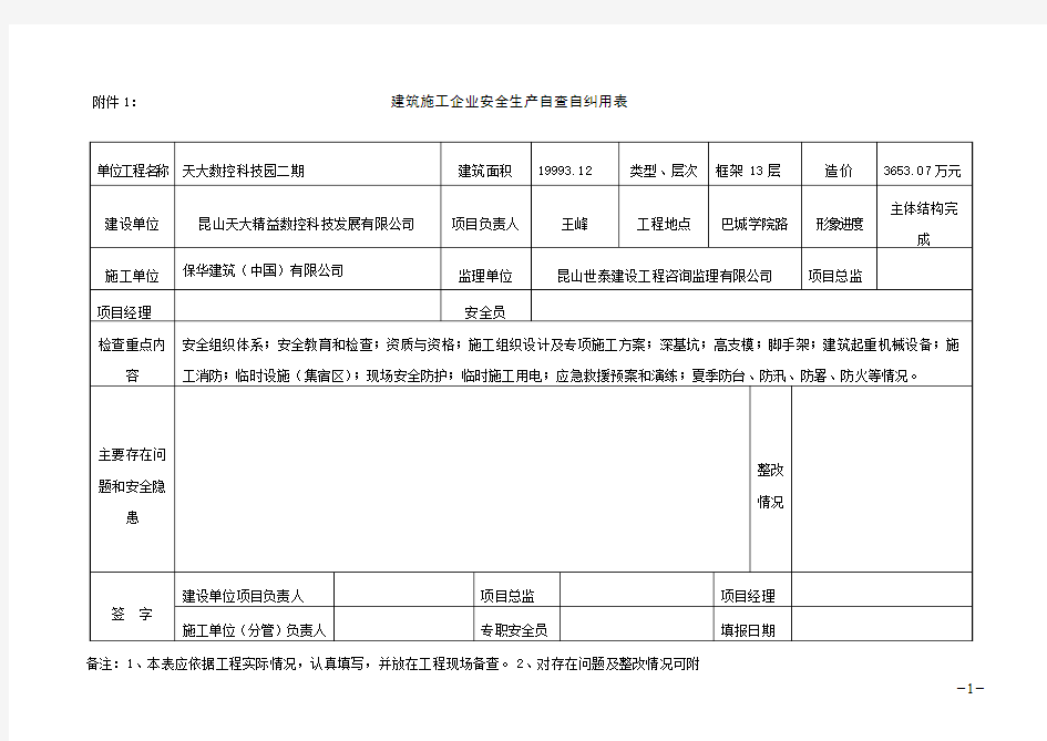 建筑施工企业安全生产自查自纠用表(1)