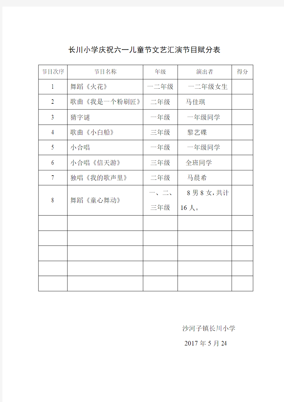 长川小学庆祝六一儿童节文艺汇演节赋分表