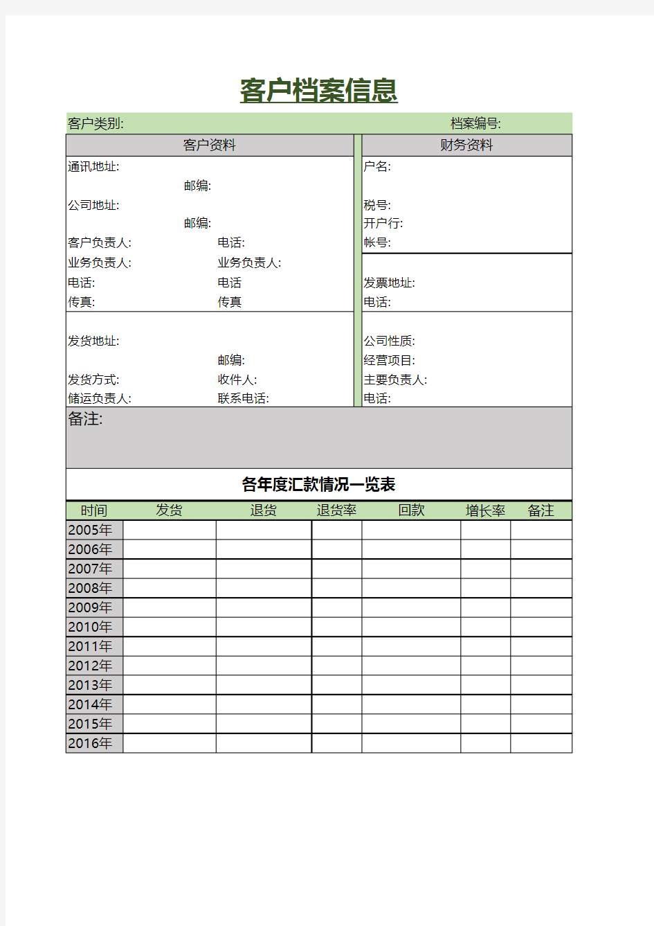 公司客户档案信息Excel模板