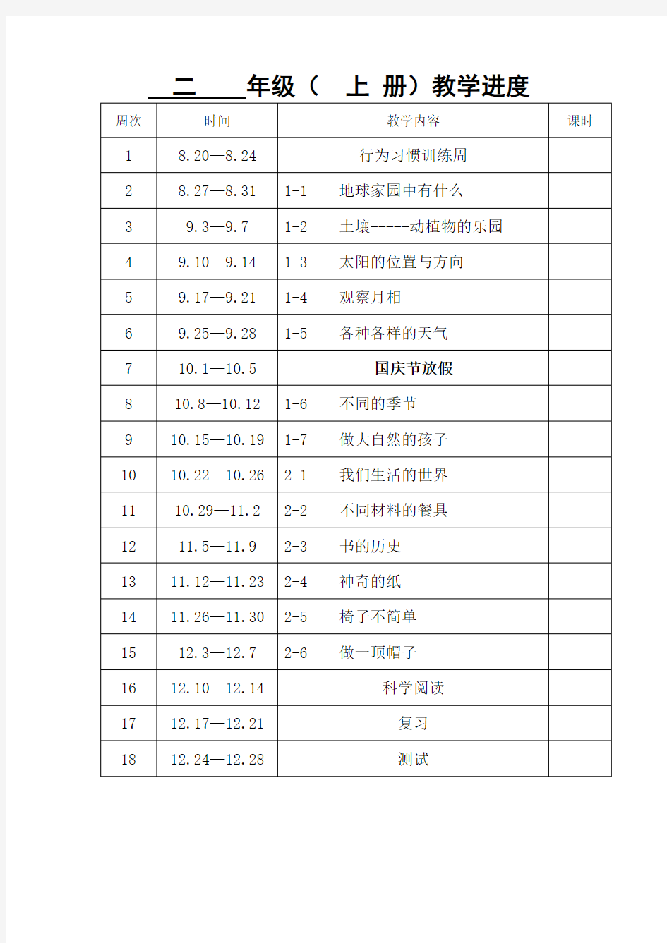 教科版二年级科学上册教学进度表