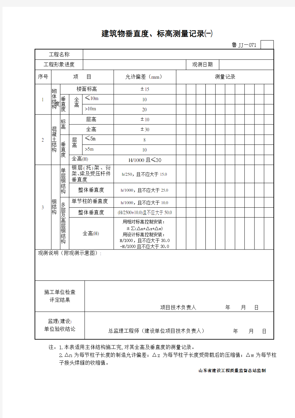 建筑物垂直度、标高测量记录(一)