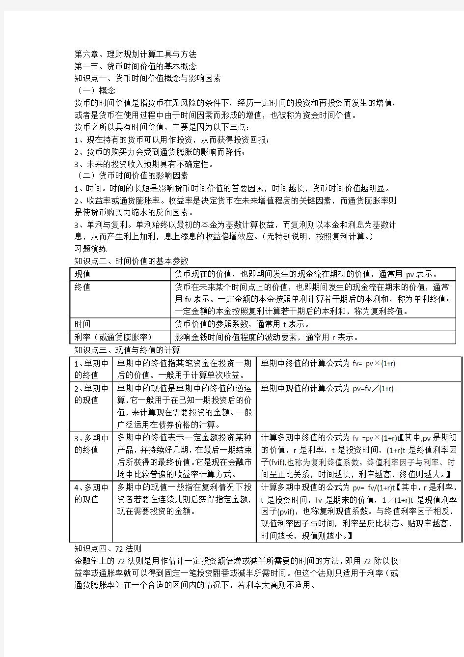 初级银行从业考试第六章理财规划计算工具与方法知识点汇总