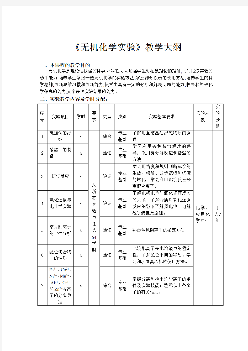 《无机化学实验》教学大纲