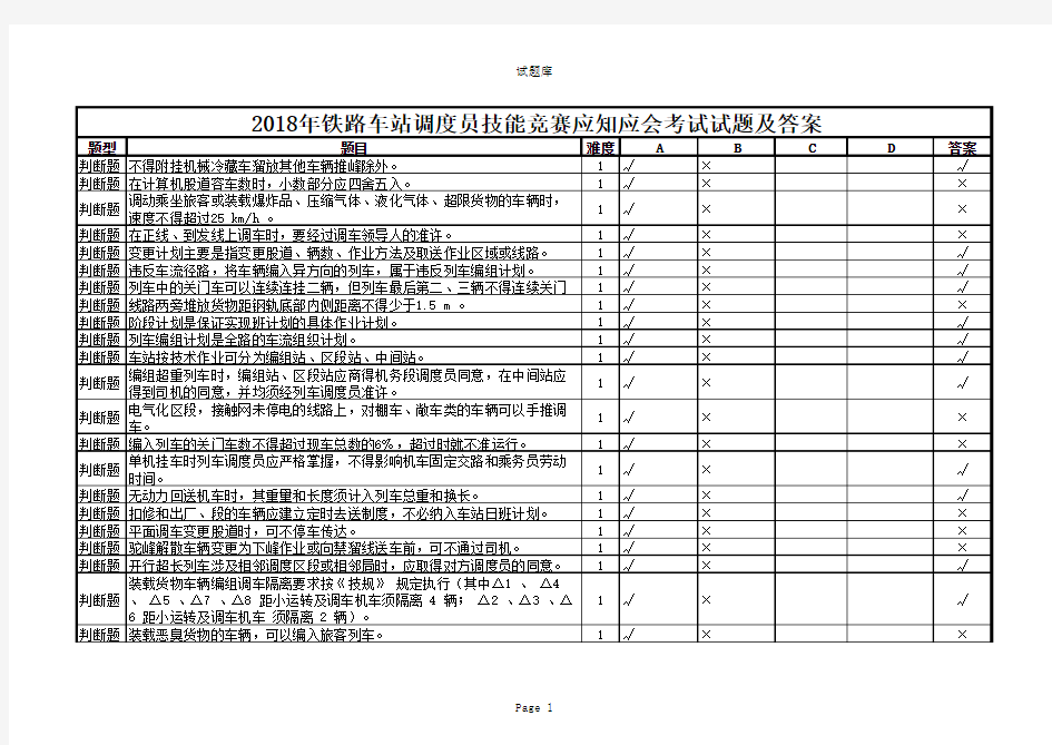 2018年铁路车站调度员技能竞赛应知应会考试试题及答案