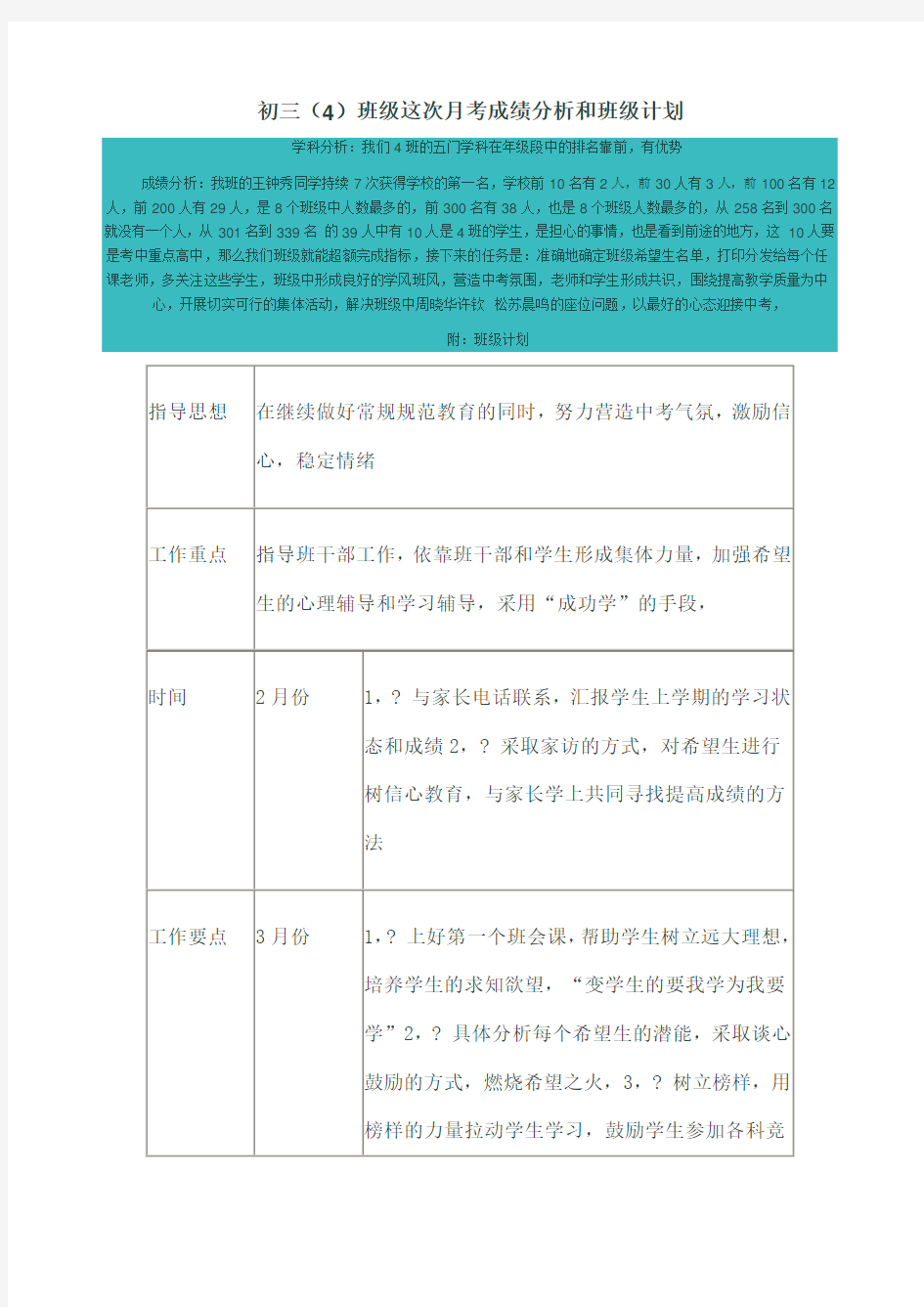 初三月考考试成绩分析 班主任发言稿 