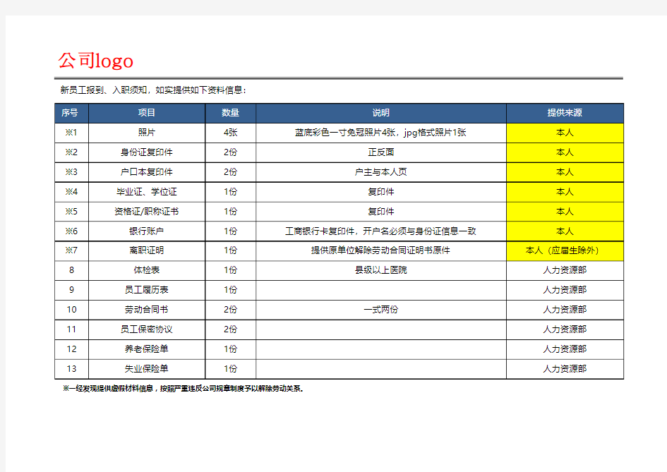 新员工入职报到须知