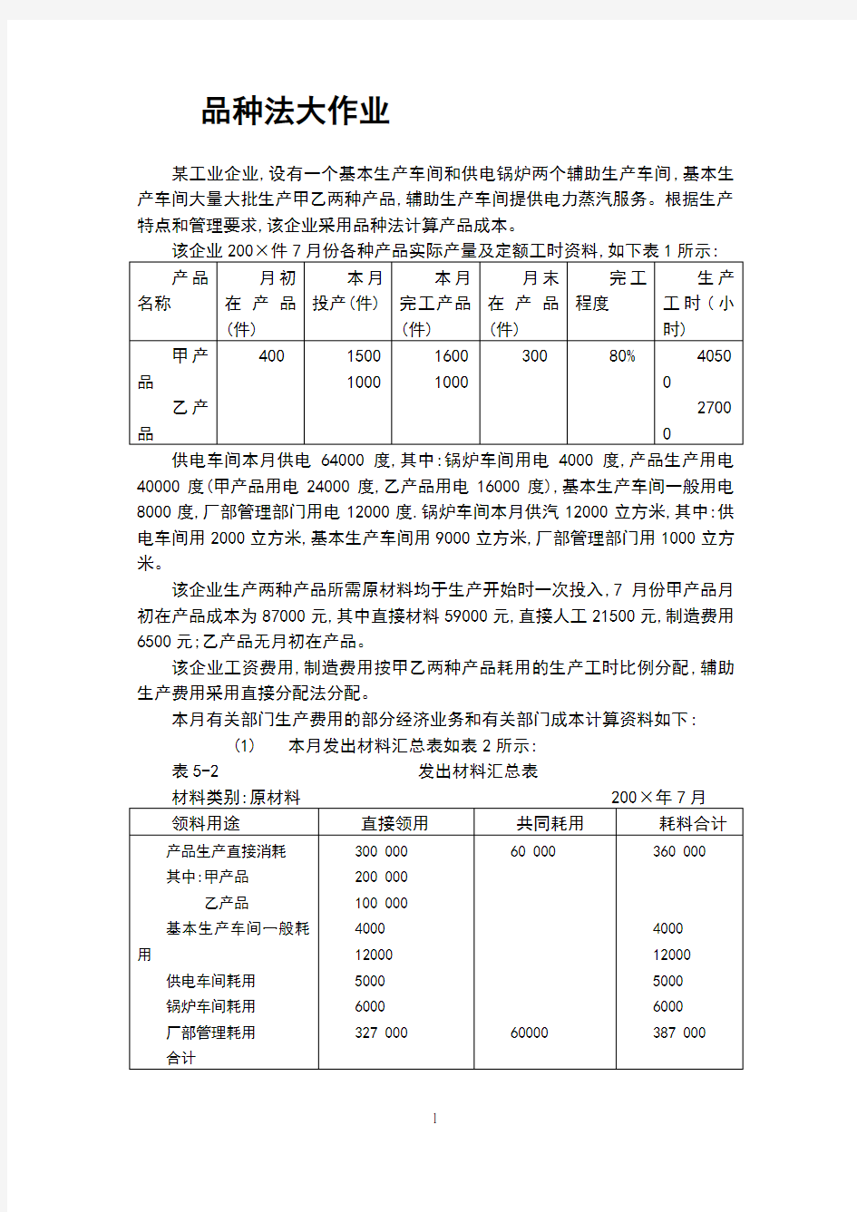 品种法作业及答案