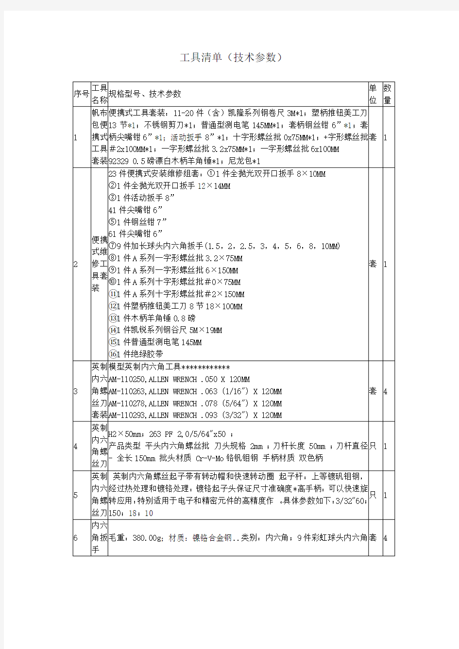 工具清单(技术参数)