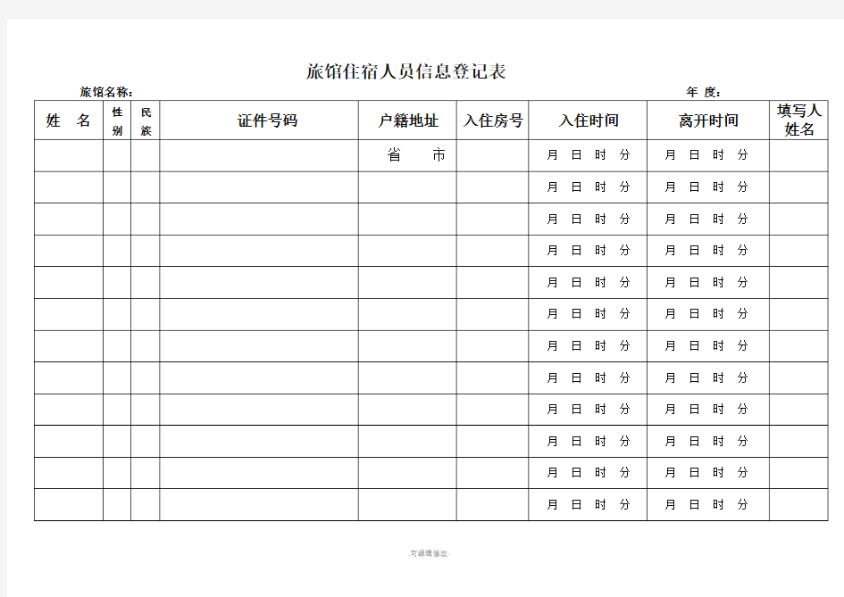 旅馆住宿人员信息登记表