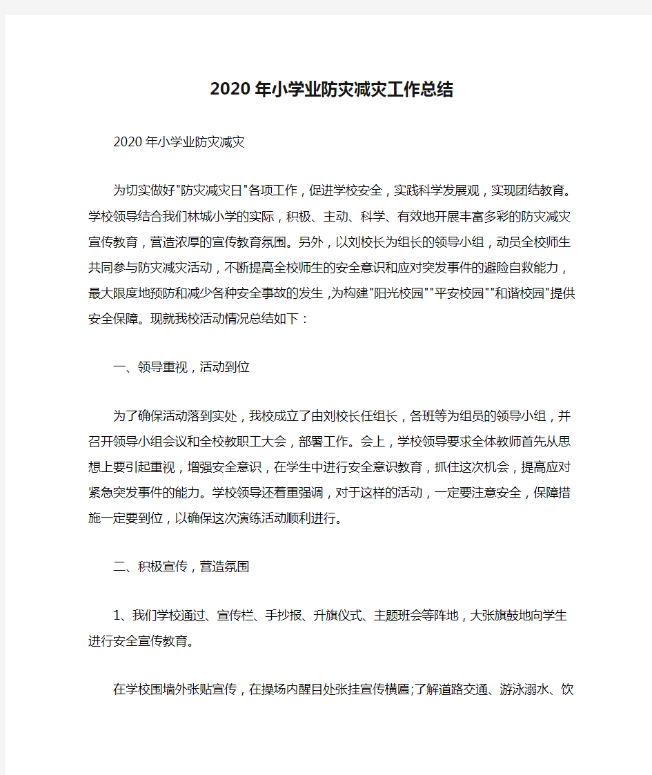 2020年小学业防灾减灾工作总结