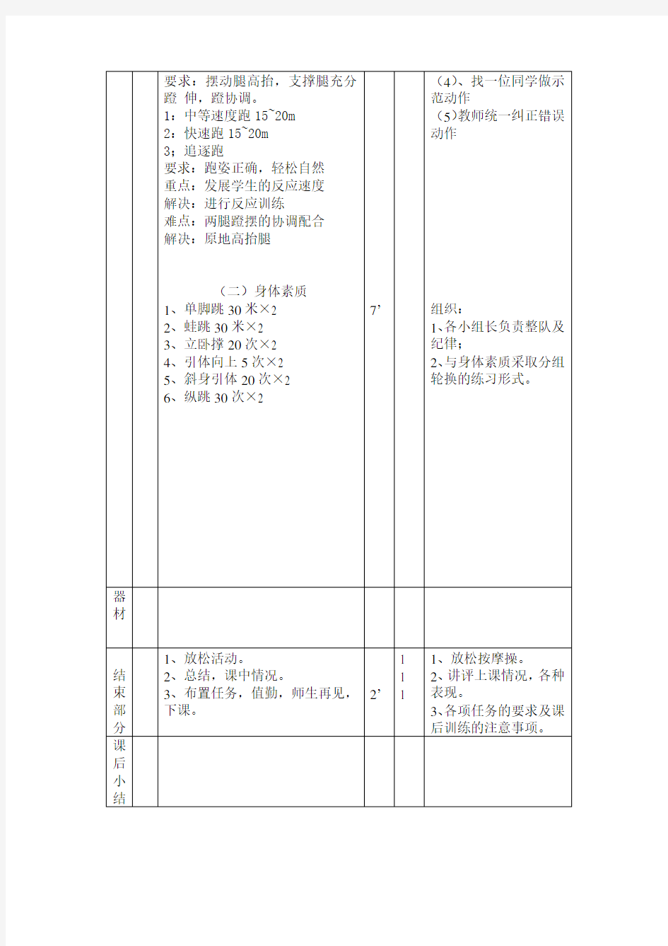 初中体育课全套教案