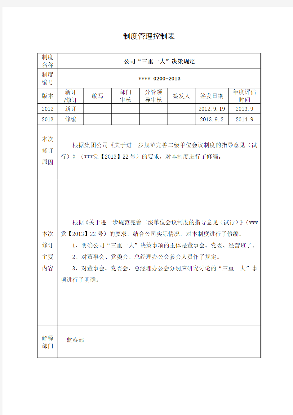 公司“三重一大”决策规定