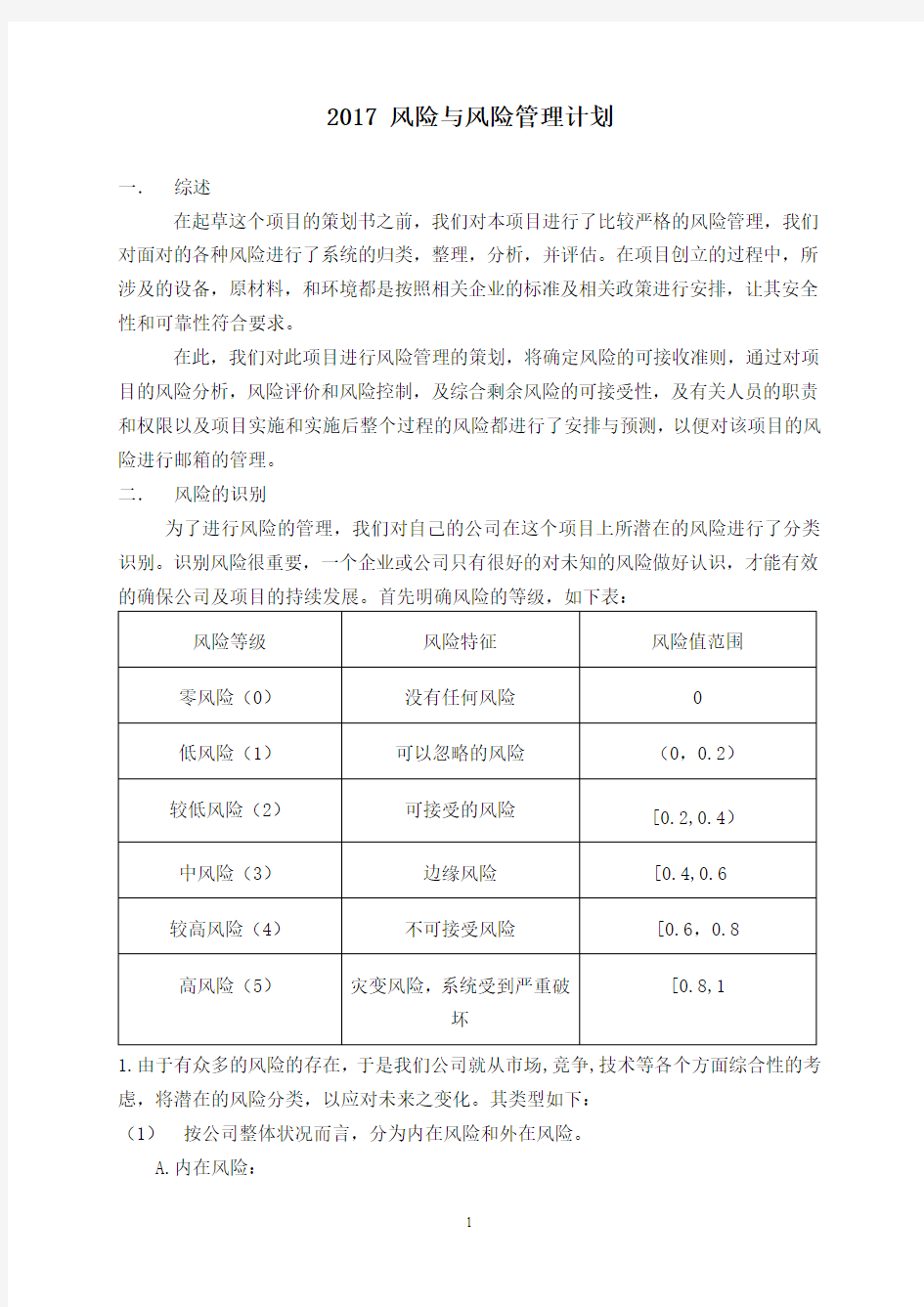 2018风险和机遇管理计划书