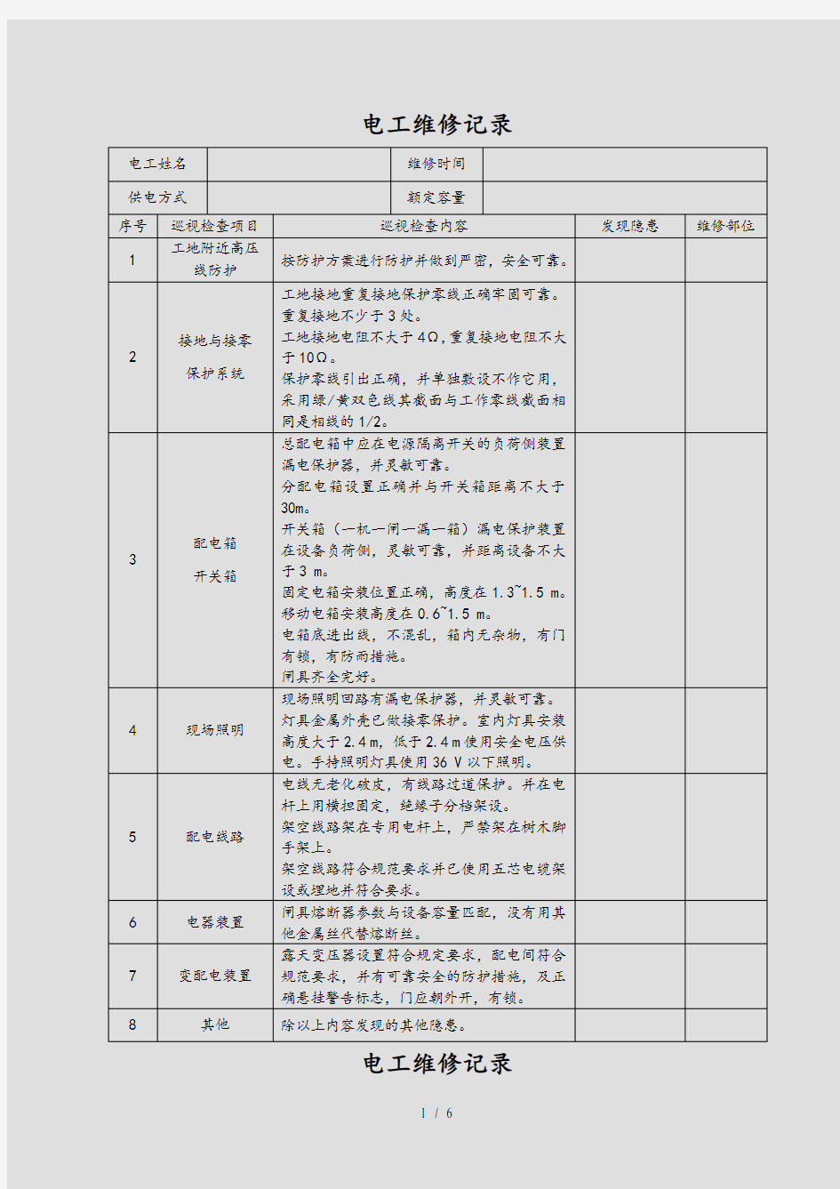 电工巡视维修记录表(精选)