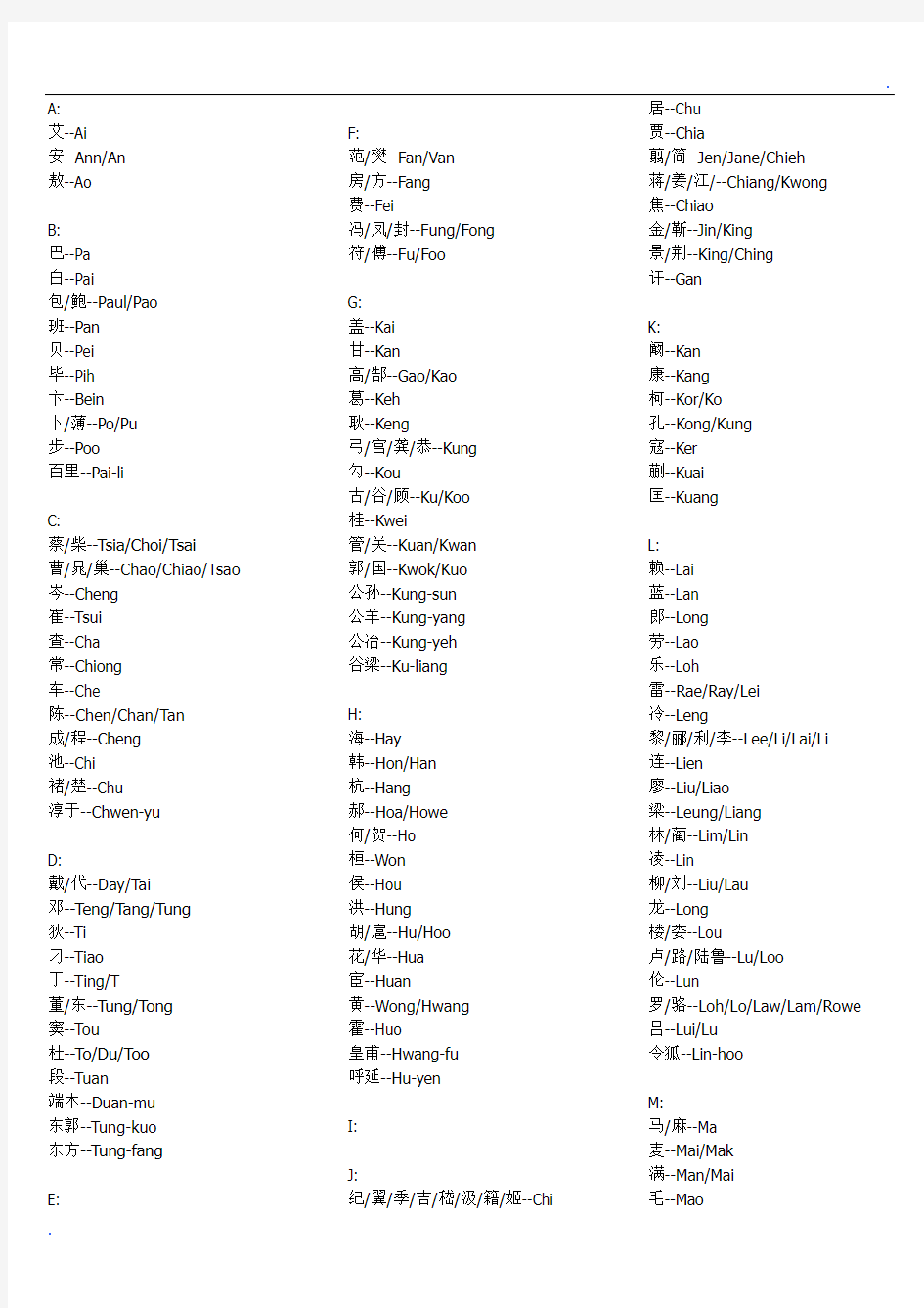 中国姓氏英文翻译大全
