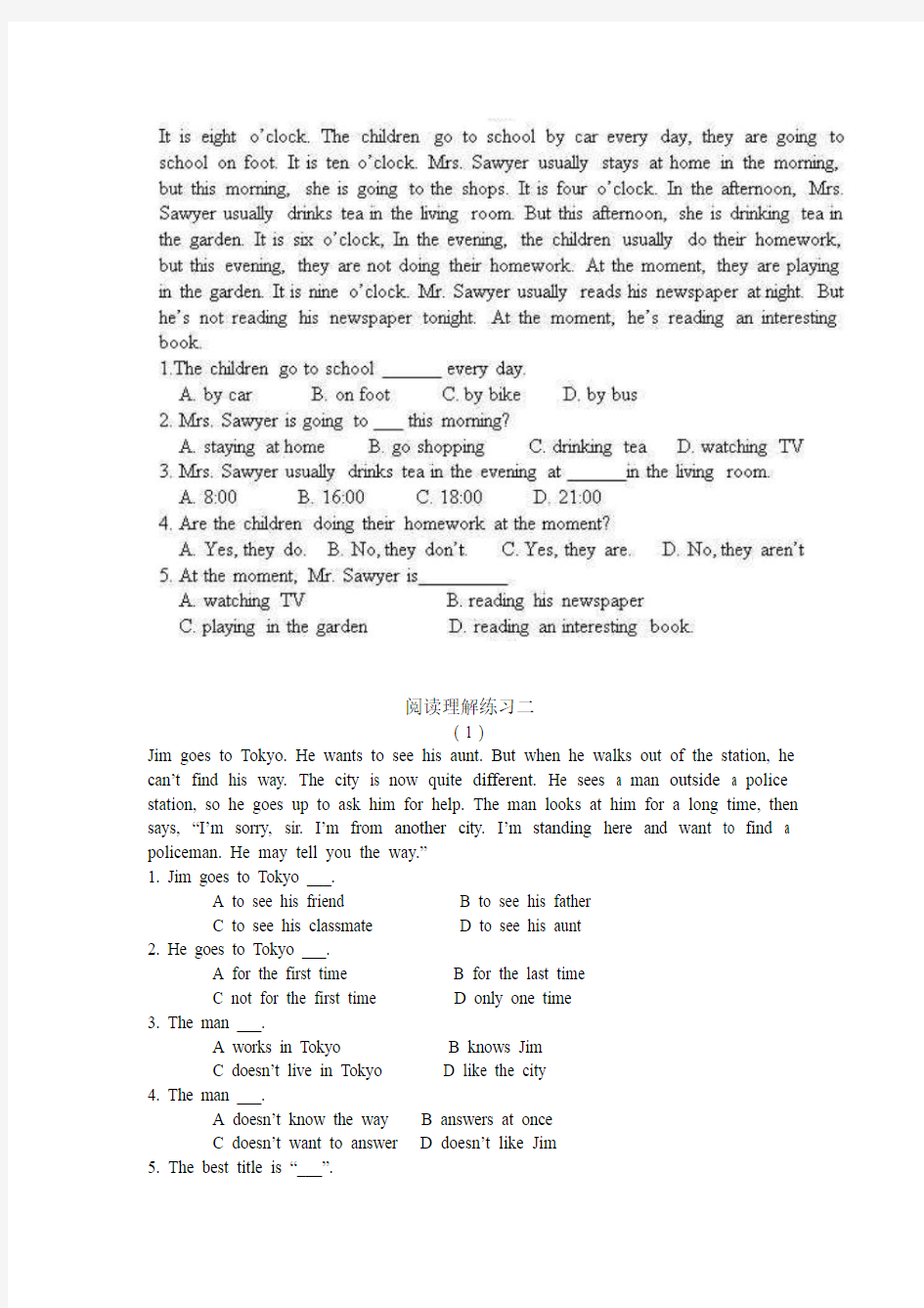 [精选]初一英语阅读理解练习20篇(附答案)--资料